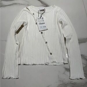 Zara White Ribbed Long Sleeve Button Cardigan
